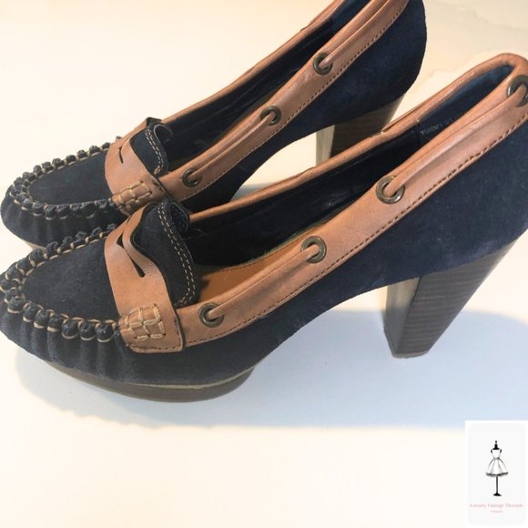 Tommy Hilfiger Blue Suede Tan Leather Loafers-Heels - Picture 2 of 3